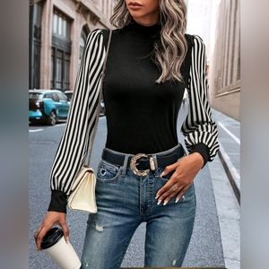 SHEIN Black and White Striped Sleeve Top